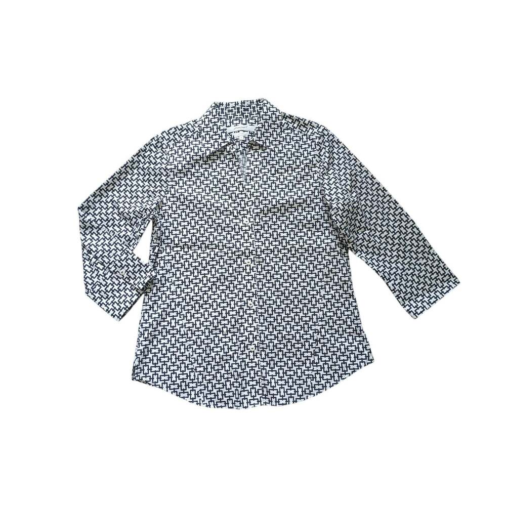 Foxcroft Easy Care Button Down Top Womens S White-Black Cotton Coastal Grandma